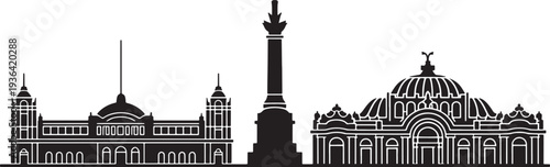 Black silhouette of famous Mexican landmarks including Angel of Independence monument
