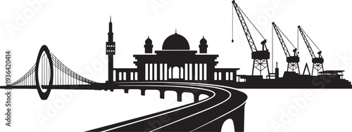 City silhouette featuring circular suspension bridge and mosque with industrial port cranes