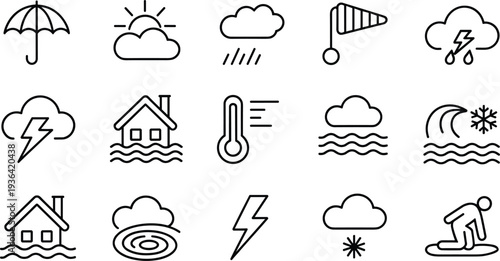 Weather and Climate Line Icons Set, Rain, Thunderstorm, Flood, Wind, Temperature and Snow Outline Vector Illustration Collection Isolated on White Background