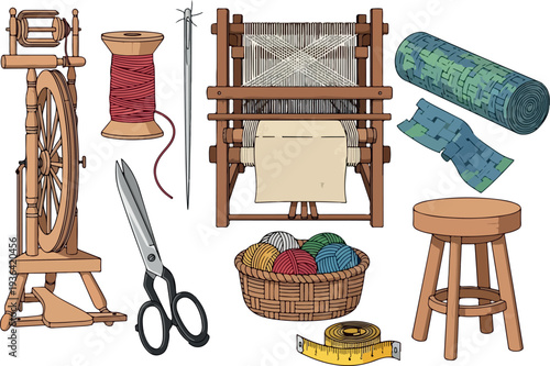 Sewing and textile craft tools and equipment arranged on a white background showcasing various items for knitting and embroidery activities