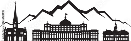 City skyline silhouette with majestic mountain range background vector illustration