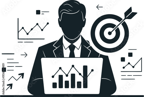 Businessperson with Laptop and Financial Graphs Symbolizing Strategic Planning, Analytics Insights, KPI Monitoring and Organizational Success