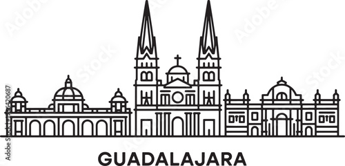 Guadalajara city skyline outline featuring cathedral towers and colonial buildings