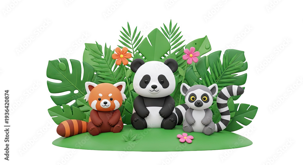 Fototapeta premium Cute 3D Animals: Panda, Red Panda, and Lemur in a Tropical Setting
