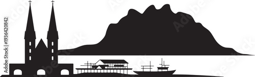 Honiara city skyline silhouette featuring cathedral architecture and mountain landscape design