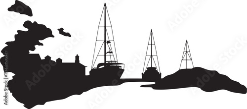 Island landscape silhouette with sailboats and buildings for maritime travel