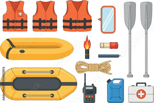 Rafting equipment and safety gear arranged neatly for a water adventure on a calm surface from a top view