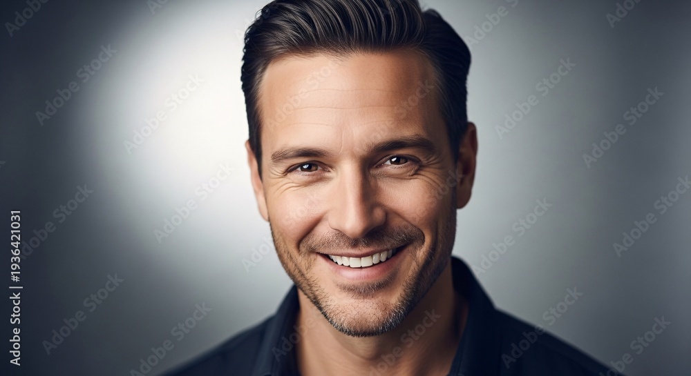 Obraz premium Authentic and professional studio headshot capturing the genuine smile and engaging presence of a handsome man, radiating approachability and calm confidence
