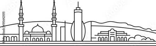 Minimalist city skyline line art vector illustration with mosque towers and modern skyscrapers