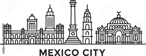 Mexico City skyline line art vector illustration famous historical monuments and landmarks