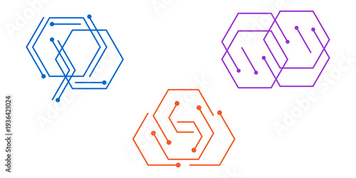 modern hexagonal tech circuit line icons in blue, purple, and orange representing digital networks and futuristic technology