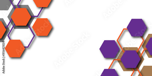 modern abstract hexagonal pattern with layered geometric shapes in vibrant orange, purple, and gray on white background