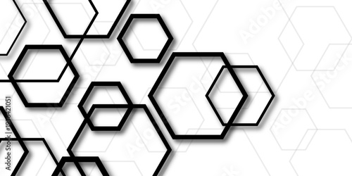 modern abstract hexagonal outline pattern with layered black and gray geometric shapes creating depth on white background