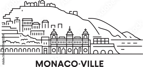 Monaco Ville city line art vector illustration famous buildings stacked on hillside
