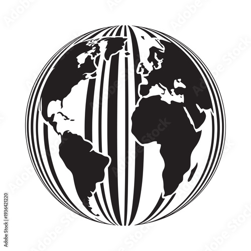 Stylized depiction of earth showcasing continents and striped meridian lines
