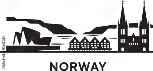 Norway city skyline silhouette showing fjords wharf buildings and two tall cathedral spires