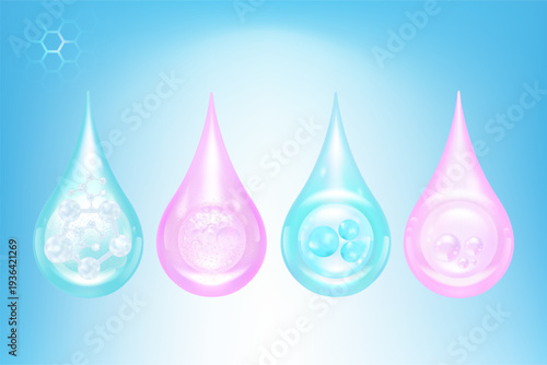 Hyaluronic acid and Niacinamide skin solutions ad, pink and blue collagen serum drops with cosmetic advertising background ready to use, illustration vector.