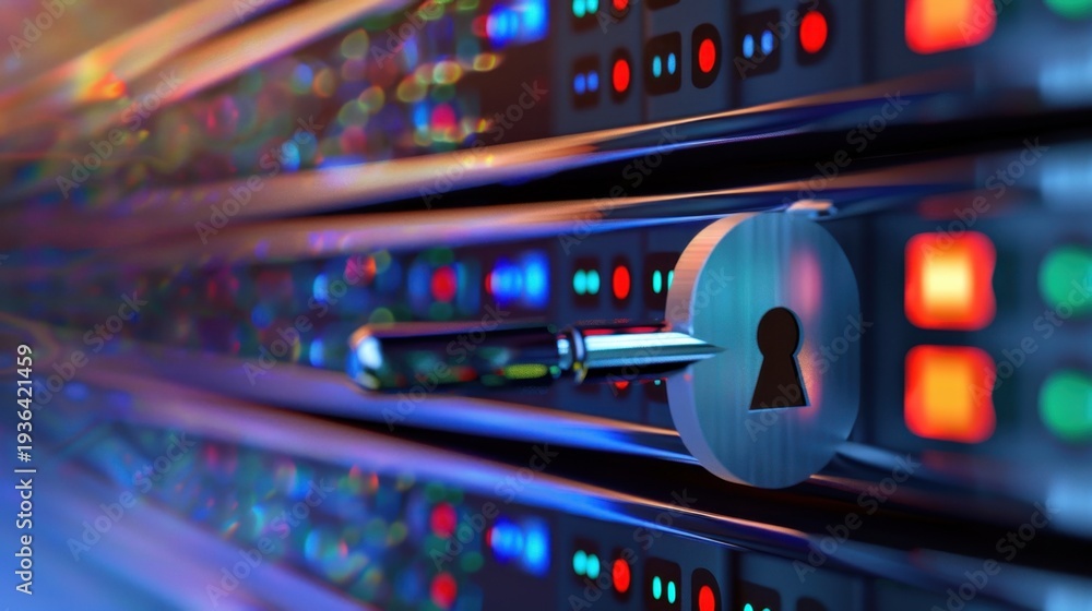 Obraz premium Digital Lock Symbol on Server Rack with Colorful Lights Representing Data Security and Encryption Process in Technology Environment