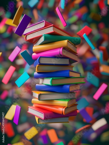 Wallpaper Mural Books are stacked with colorful covers and floating bookmarks around them in a creative display Torontodigital.ca