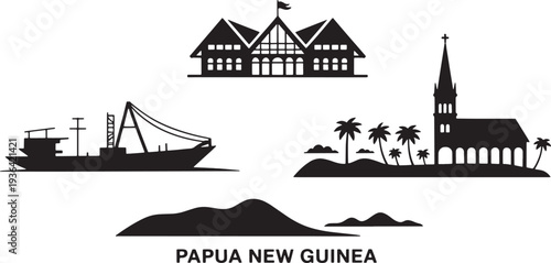 Papua New Guinea travel icons including government house boat church and tropical island
