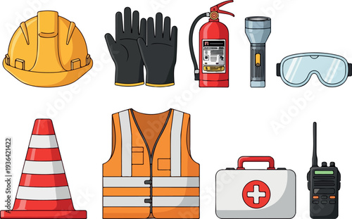 Assorted safety equipment and protective gear laid out for workplace safety inspection and emergency preparedness measures