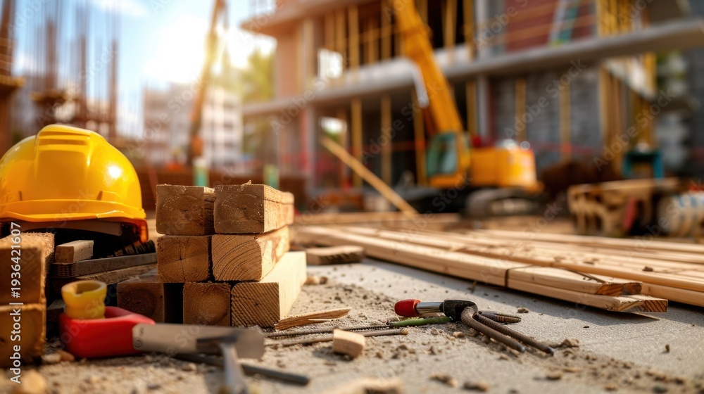 Fototapeta premium Construction Site Tools and Equipment with Hard Hat, Wooden Planks, and Building Machinery in the Background