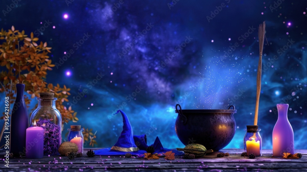 Naklejka premium Enchanted Witch's Table with Cauldron, Bottles, and Magical Elements in Starry Night Background