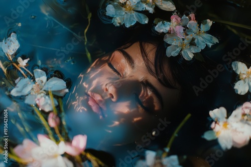 Wallpaper Mural Woman relaxes in water surrounded by flowers during a sunny day in nature Torontodigital.ca