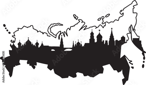 Russia map silhouette with moscow skyline vector illustration featuring kremlin and red square
