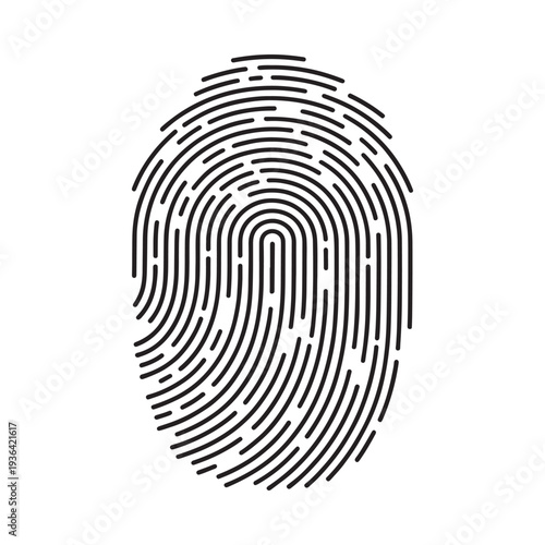 A black and white illustration of a human fingerprint on a white background