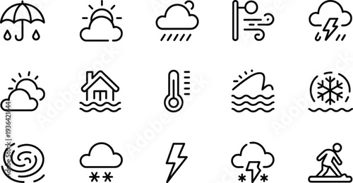 Weather and Natural Disaster Line Icons Set, Rain, Storm, Wind, Flood, Snow and Temperature Outline Vector Illustration Isolated on White Background
