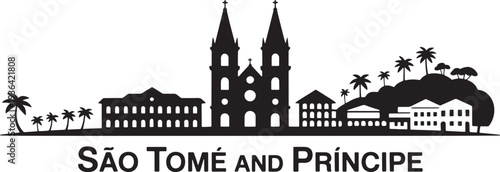 Sao Tome and Principe skyline silhouette featuring tropical island buildings and palm trees