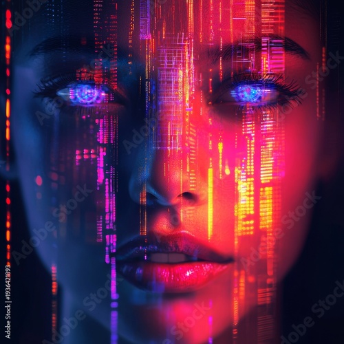 Wallpaper Mural Woman with glowing eyes and colorful digital effects in a futuristic setting during nighttime Torontodigital.ca