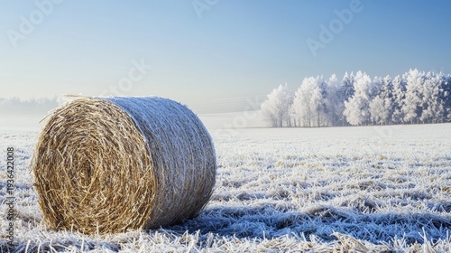 Wallpaper Mural Frost covers a hay bale in a field near trees during winter in bright sunlight with clear blue sky Torontodigital.ca