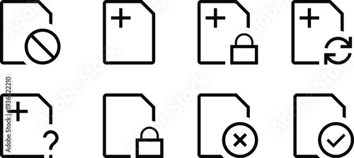 Medical document icons with health record and prescription symbols. Minimal file graphics showing add, lock, delete, question, and approval status. Clean healthcare paperwork set for hospital system 