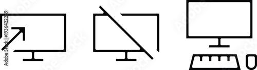 Computer monitor icon set showing screen status and workspace setup. Minimal desktop display symbols with arrow growth and blocked screen sign. Clean workstation graphics for technology, office, 