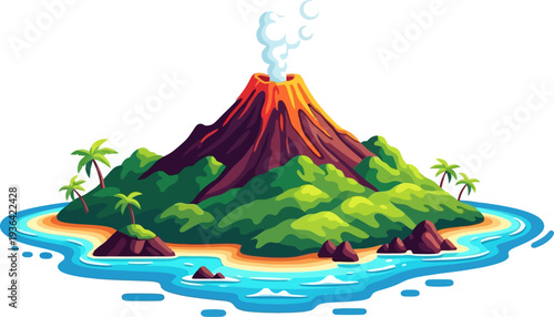 Active smoking volcano on a lush tropical island paradise