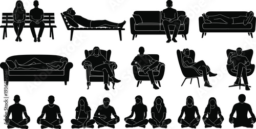 Collection of black silhouettes of people sitting on benches, sofas, and armchairs, and meditating in lotus pose isolated on white,