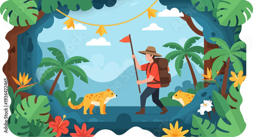 Adventurous explorer trekking through a jungle with cheetahs nearby