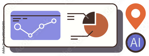 Data analytics, artificial intelligence, location tracking, business insights, modern statistics, technology integration. Graph line trend, pie chart location marker and AI label. Data analytics