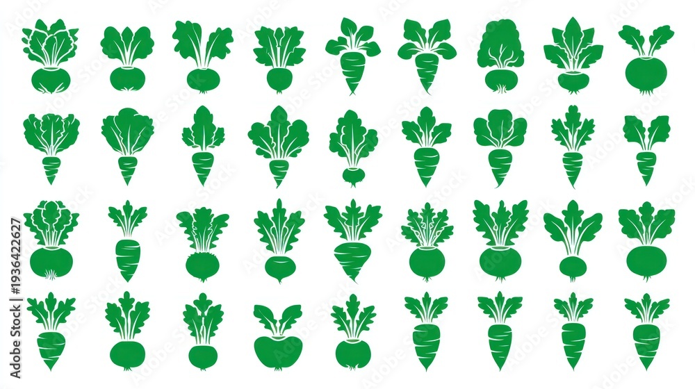 Fototapeta premium Collection of stylized green root vegetable silhouettes displayed in neat rows