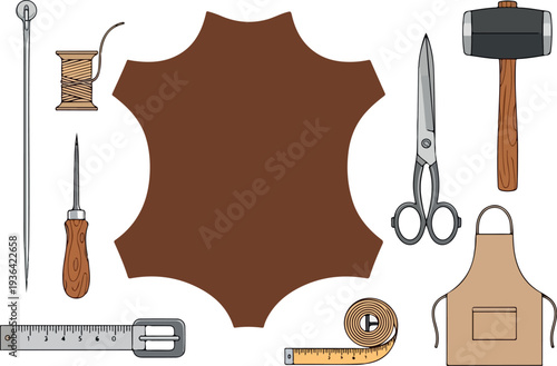Leather crafting tools and materials arranged on a white surface for crafting and shaping leather goods