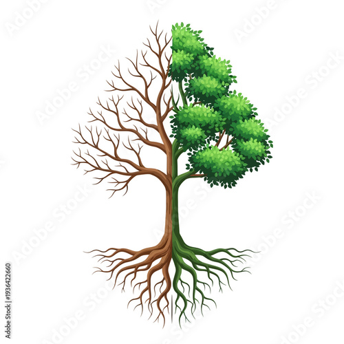 Tree split half dead bare branches half alive green leaves roots