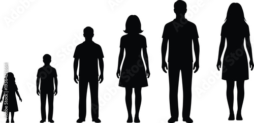Set of black silhouettes of people in different ages from children to adults isolated on white background for family growth,