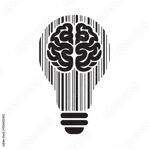 A black silhouette of a lightbulb containing a detailed brain illustration