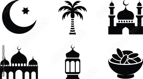 Set of Islamic icons in black line art style featuring mosque architecture crescent moon star lantern palm tree and dates for Ramadan and Eid design