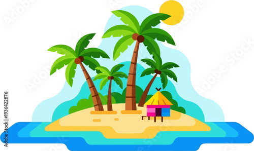 Colorful tiki hut standing on a sunny tropical islet