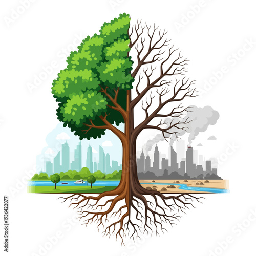 Tree split: healthy green side vs. polluted city side, symbolizing environment & pollution