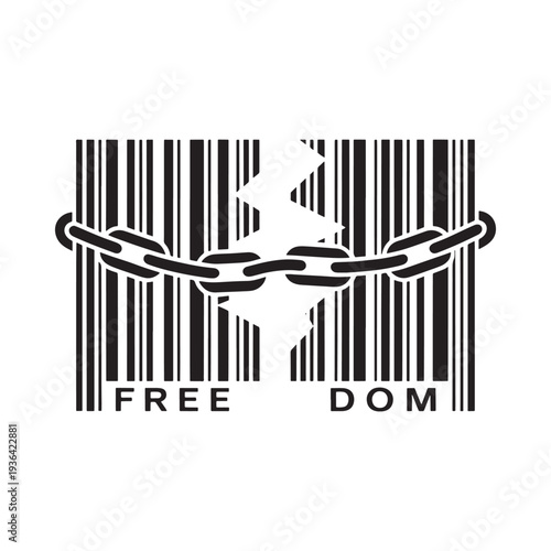 A broken barcode with chains symbolizes freedom from restrictions and control
