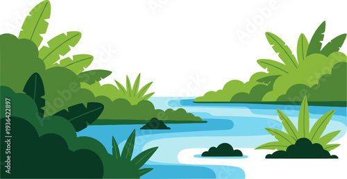 Crystal clear river meandering through a thick green woodland